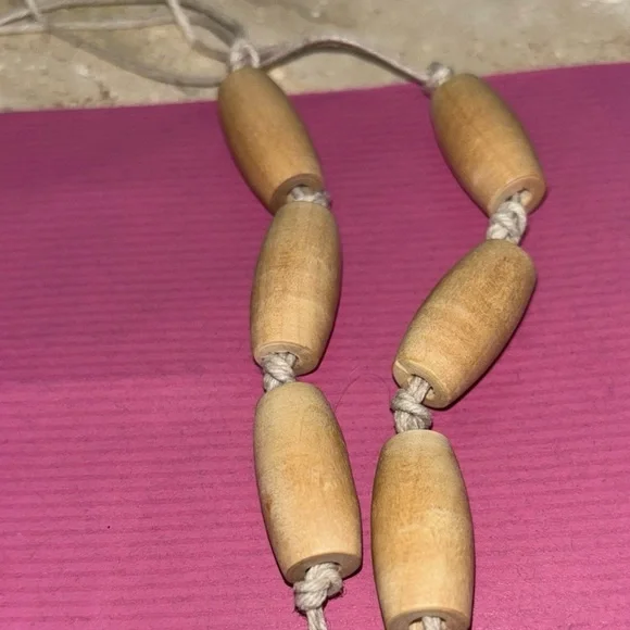 Turquoise Type Pendent Necklace Homemade Wooded Spools Corded Rope 14” Long - Picture 5 of 9